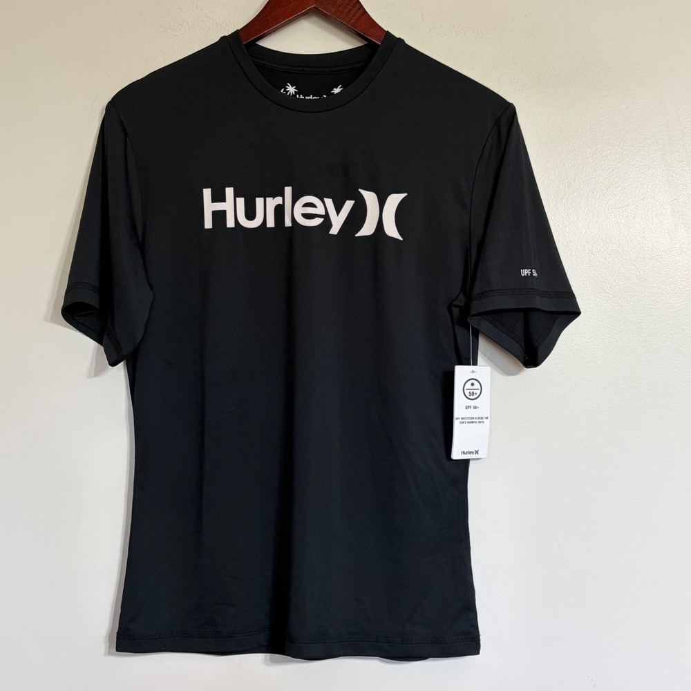 Hurley Mens Black Short Sleeve Rash Guard UPF 50+ Swim Shirt Large New